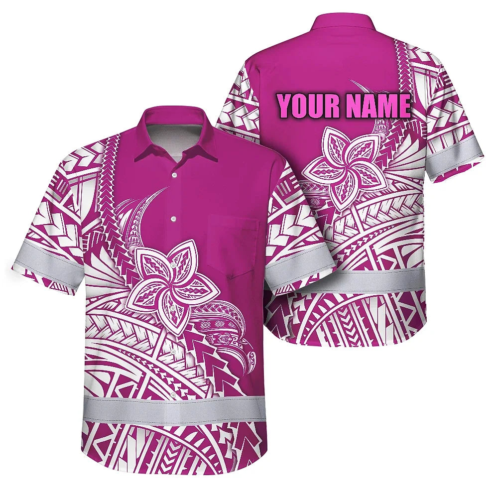 Hi Vis Hawaiian Shirt Reflective Tapes Pink Neon Polynesian Flower Custom Name Safety Workwear For Workers, Truckers, Operators