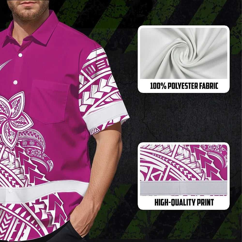 Hi Vis Hawaiian Shirt Reflective Tapes Pink Neon Polynesian Flower Custom Name Safety Workwear For Workers, Truckers, Operators