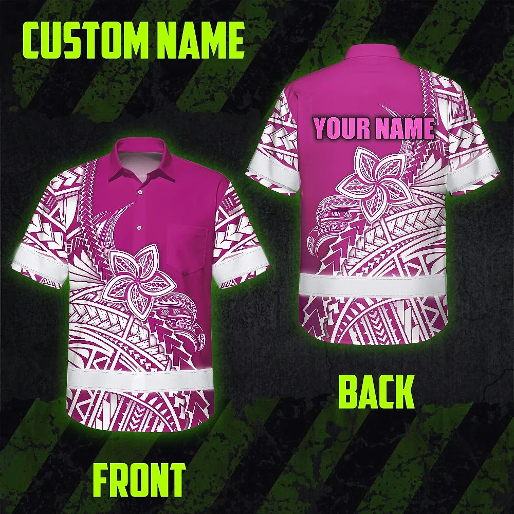 Hi Vis Hawaiian Shirt Reflective Tapes Pink Neon Polynesian Flower Custom Name Safety Workwear For Workers, Truckers, Operators