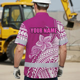 Hi Vis Hawaiian Shirt Reflective Tapes Pink Neon Polynesian Flower Custom Name Safety Workwear For Workers, Truckers, Operators