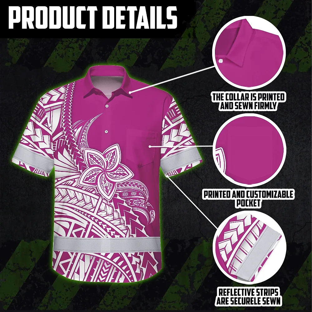 Hi Vis Hawaiian Shirt Reflective Tapes Pink Neon Polynesian Flower Custom Name Safety Workwear For Workers, Truckers, Operators