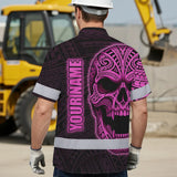 Hi Vis Hawaiian Shirt Reflective Tapes Pink Neon Polynesian Half Skull Custom Name Safety Workwear For Workers, Truckers, Operators