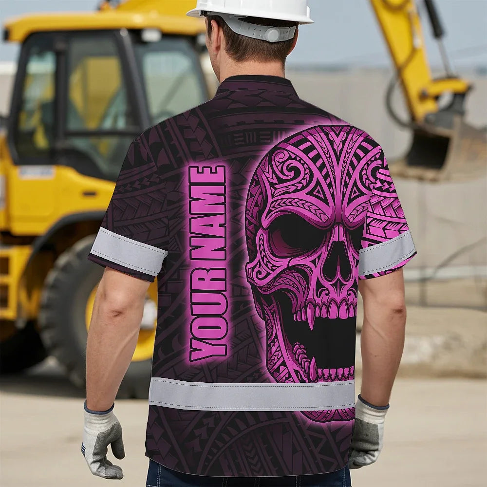 Hi Vis Hawaiian Shirt Reflective Tapes Pink Neon Polynesian Half Skull Custom Name Safety Workwear For Workers, Truckers, Operators