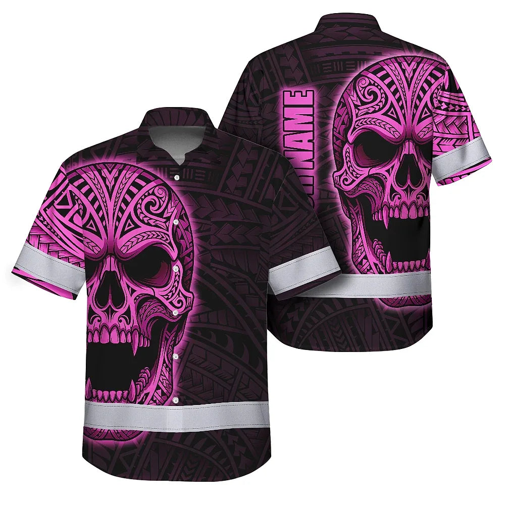 Hi Vis Hawaiian Shirt Reflective Tapes Pink Neon Polynesian Half Skull Custom Name Safety Workwear For Workers, Truckers, Operators