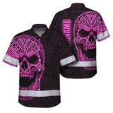 Hi Vis Hawaiian Shirt Reflective Tapes Pink Neon Polynesian Half Skull Custom Name Safety Workwear For Workers, Truckers, Operators