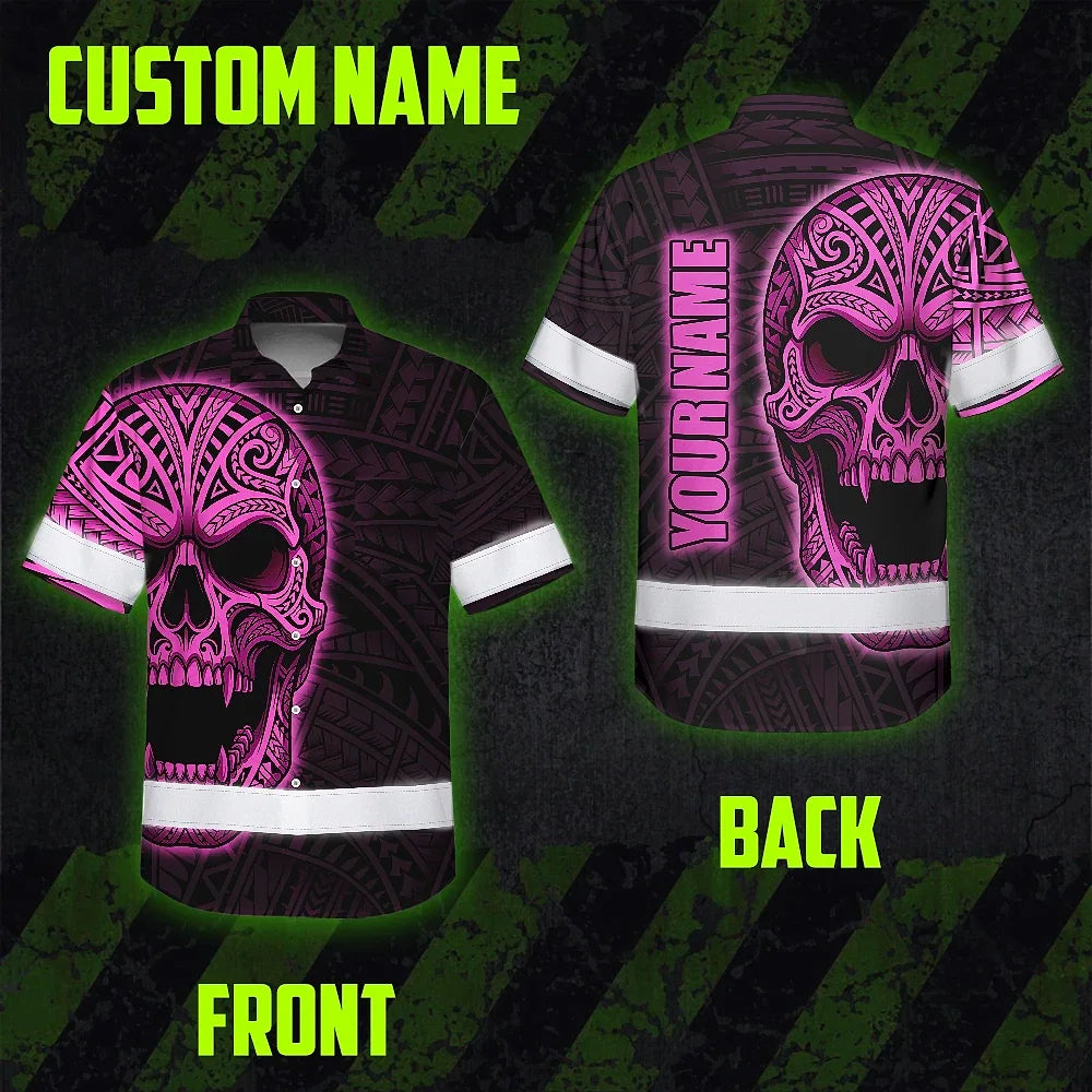 Hi Vis Hawaiian Shirt Reflective Tapes Pink Neon Polynesian Half Skull Custom Name Safety Workwear For Workers, Truckers, Operators