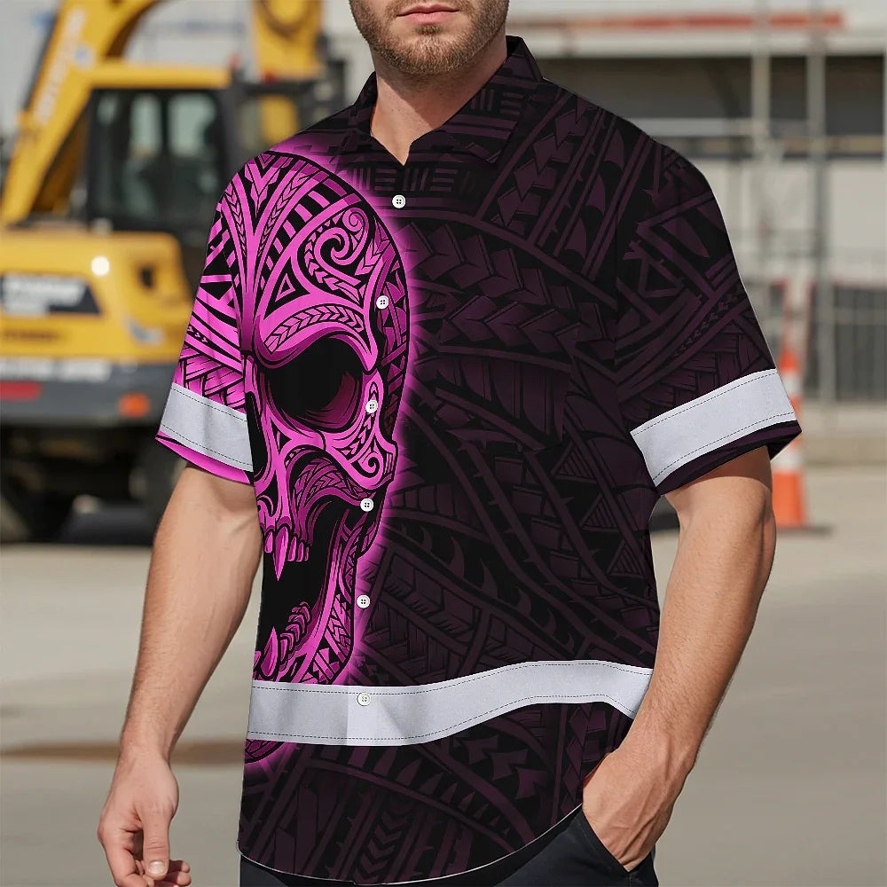 Hi Vis Hawaiian Shirt Reflective Tapes Pink Neon Polynesian Half Skull Custom Name Safety Workwear For Workers, Truckers, Operators
