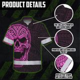 Hi Vis Hawaiian Shirt Reflective Tapes Pink Neon Polynesian Half Skull Custom Name Safety Workwear For Workers, Truckers, Operators