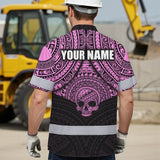 Hi Vis Hawaiian Shirt Reflective Tapes Pink Neon Polynesian Skull Custom Name Safety Workwear For Workers, Truckers, Operators