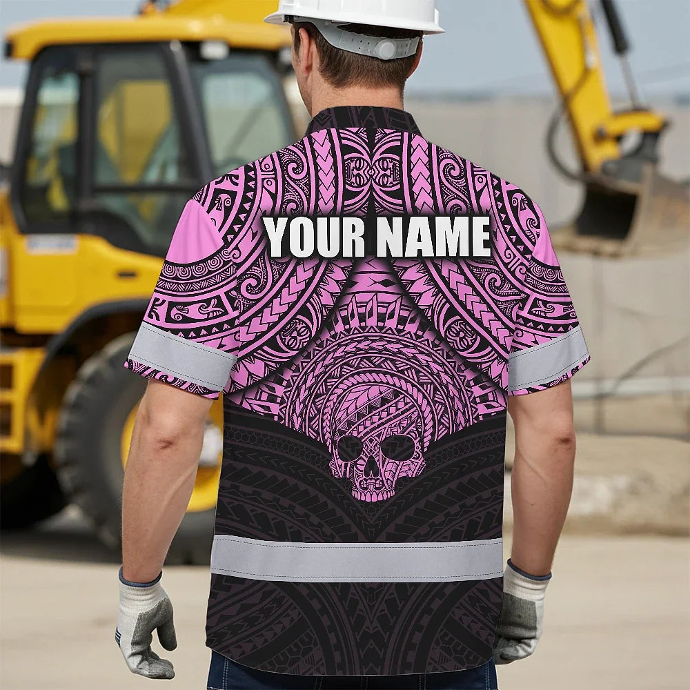 Hi Vis Hawaiian Shirt Reflective Tapes Pink Neon Polynesian Skull Custom Name Safety Workwear For Workers, Truckers, Operators