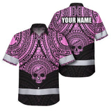 Hi Vis Hawaiian Shirt Reflective Tapes Pink Neon Polynesian Skull Custom Name Safety Workwear For Workers, Truckers, Operators