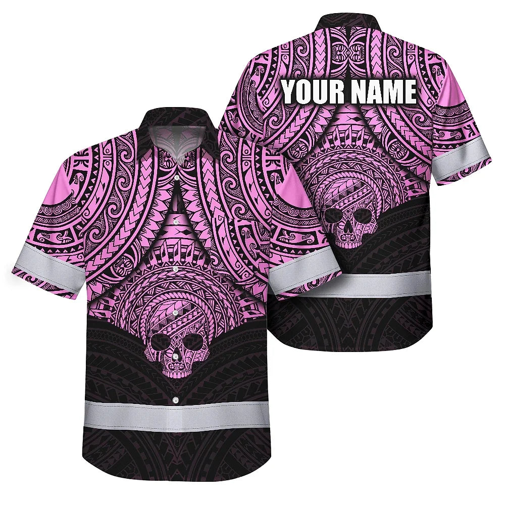 Hi Vis Hawaiian Shirt Reflective Tapes Pink Neon Polynesian Skull Custom Name Safety Workwear For Workers, Truckers, Operators
