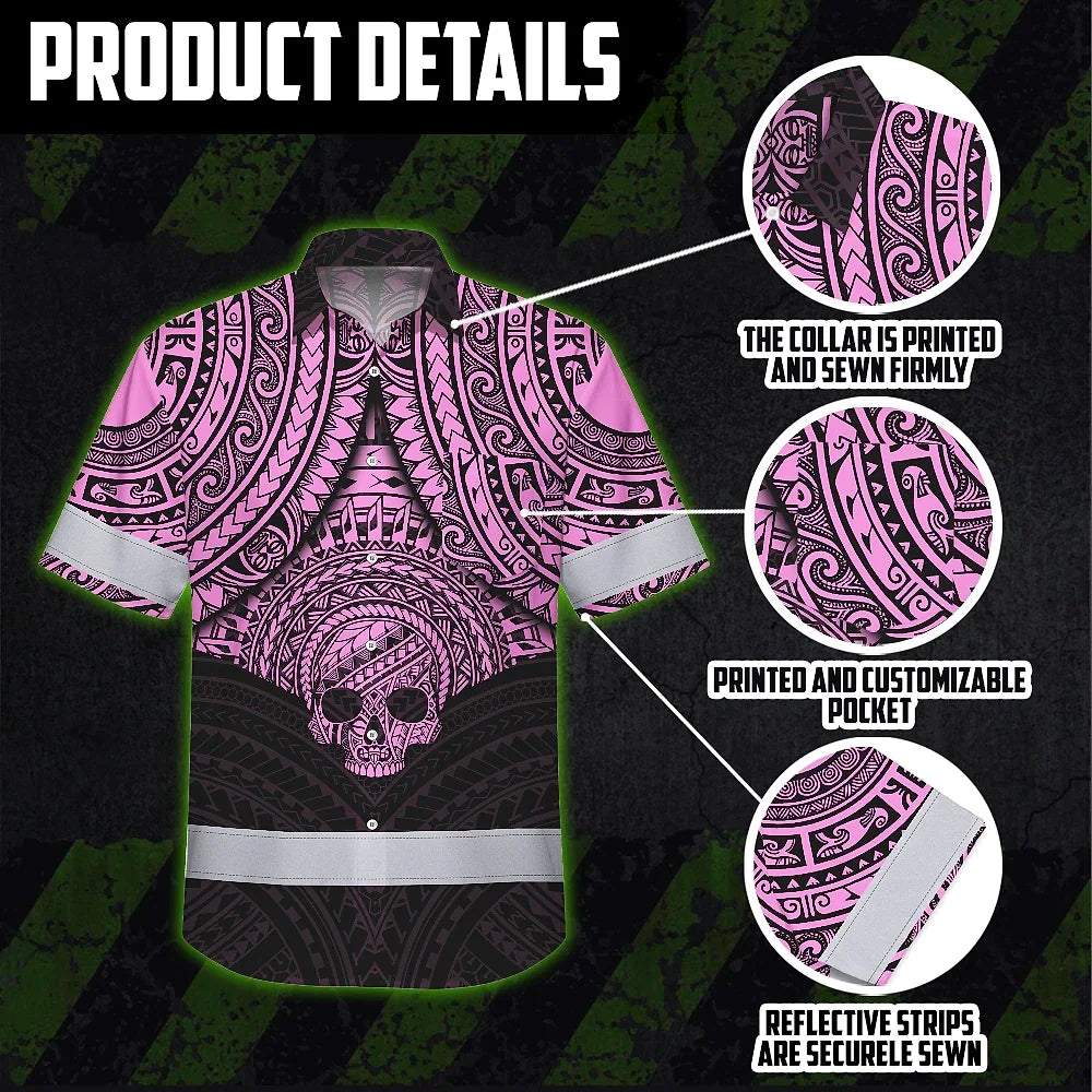 Hi Vis Hawaiian Shirt Reflective Tapes Pink Neon Polynesian Skull Custom Name Safety Workwear For Workers, Truckers, Operators