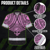 Hi Vis Hawaiian Shirt Reflective Tapes Pink Neon Polynesian Skull Custom Name Safety Workwear For Workers, Truckers, Operators