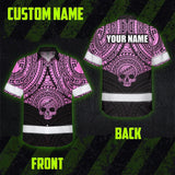 Hi Vis Hawaiian Shirt Reflective Tapes Pink Neon Polynesian Skull Custom Name Safety Workwear For Workers, Truckers, Operators