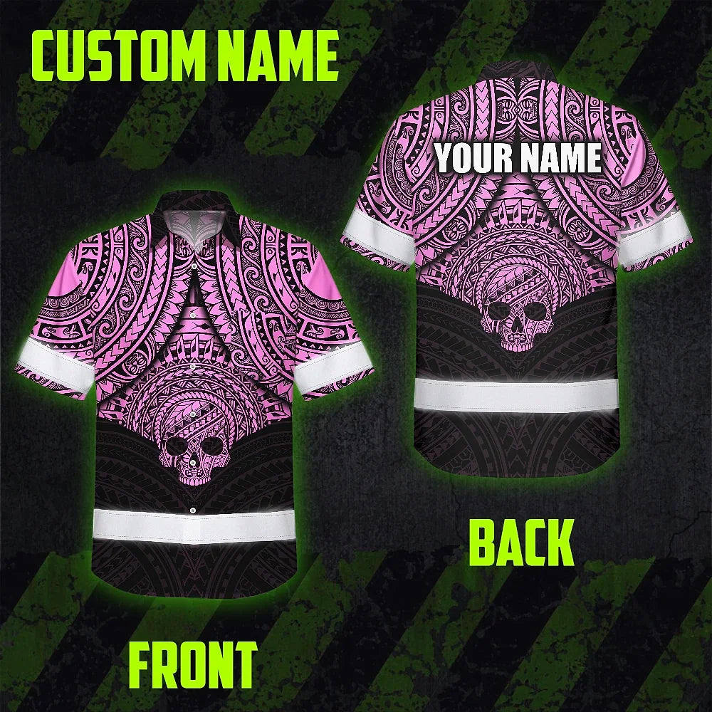 Hi Vis Hawaiian Shirt Reflective Tapes Pink Neon Polynesian Skull Custom Name Safety Workwear For Workers, Truckers, Operators