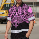 Hi Vis Hawaiian Shirt Reflective Tapes Pink Neon Polynesian Skull Custom Name Safety Workwear For Workers, Truckers, Operators