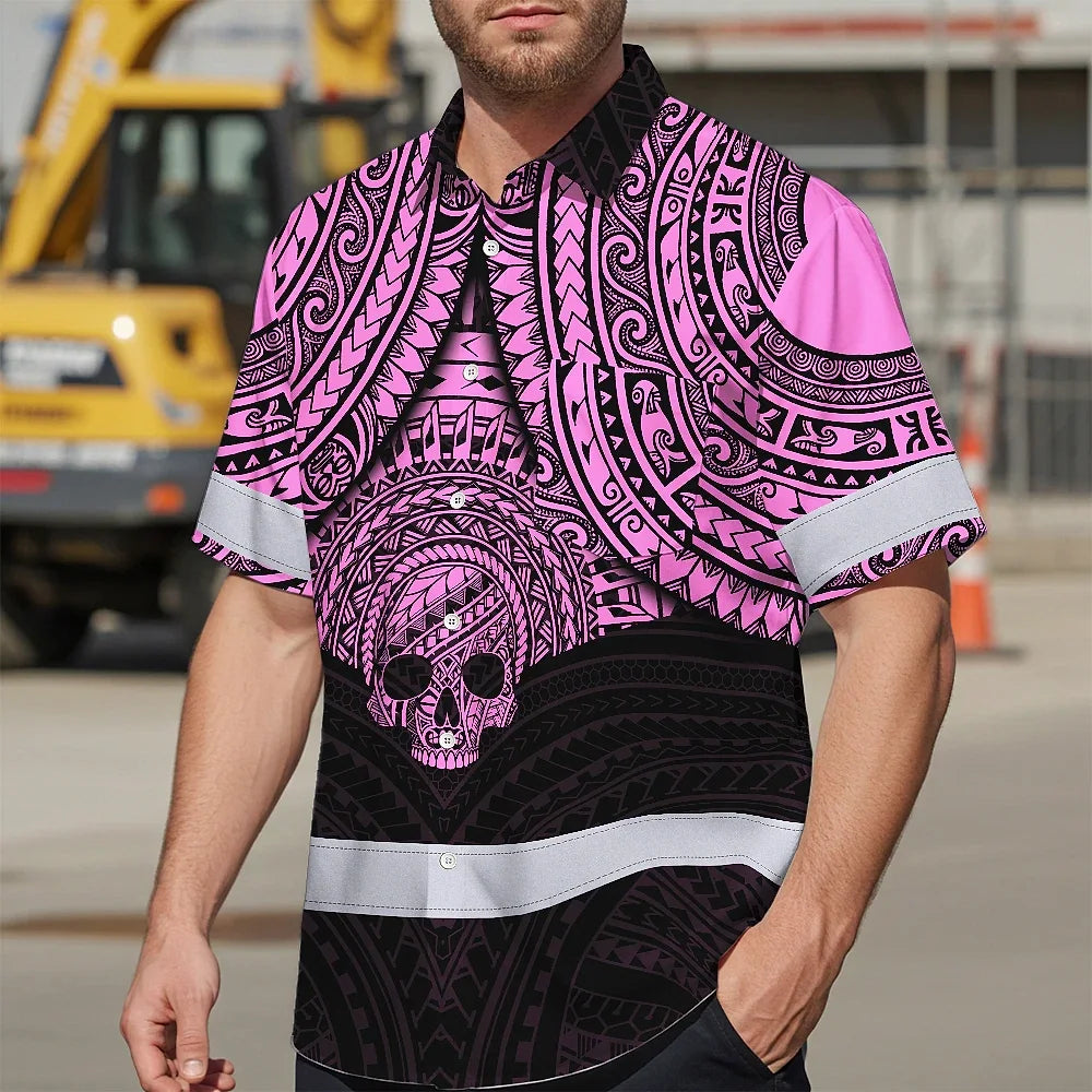 Hi Vis Hawaiian Shirt Reflective Tapes Pink Neon Polynesian Skull Custom Name Safety Workwear For Workers, Truckers, Operators