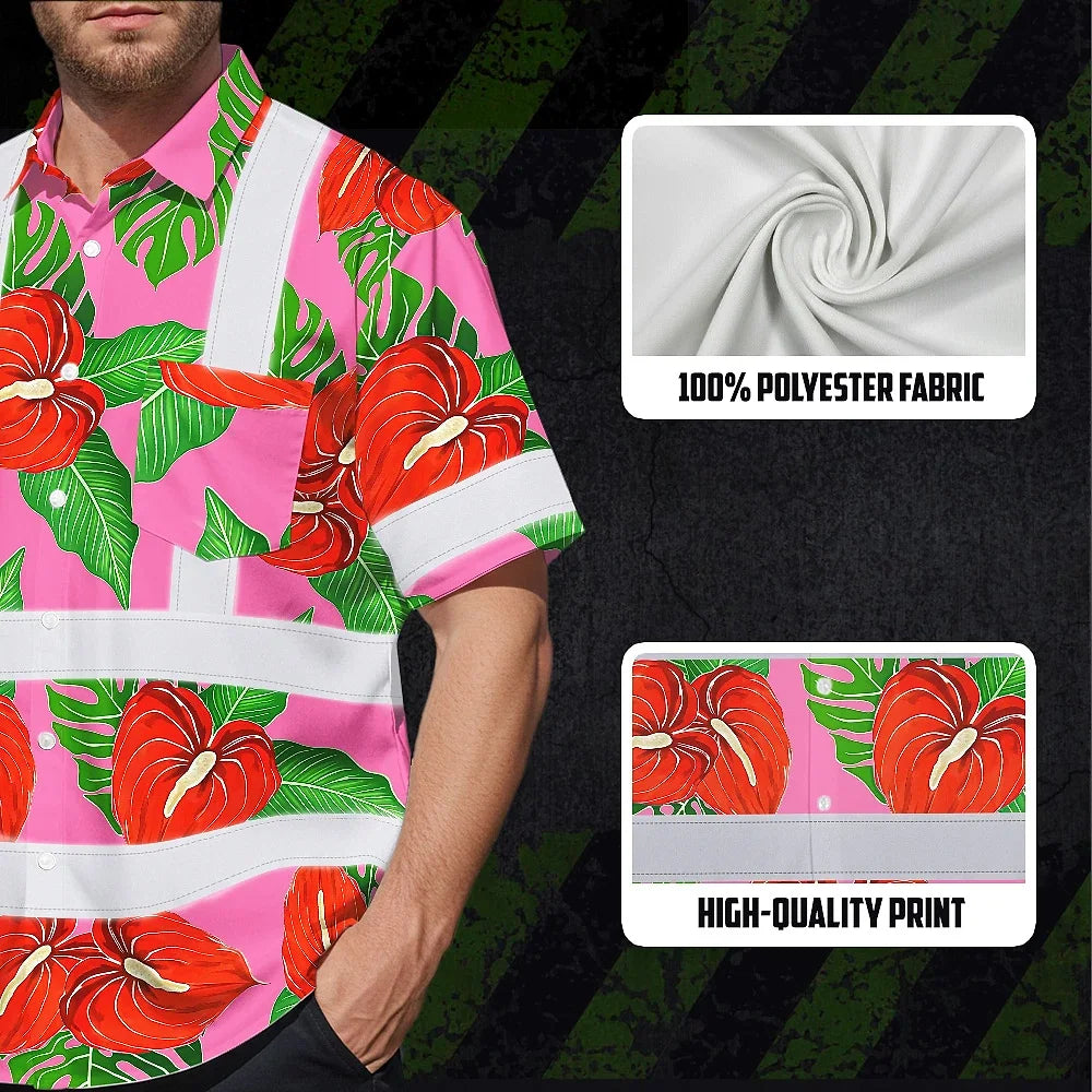 Hi Vis Hawaiian Shirt Reflective Tapes Pink Neon Red Anthurium Custom Name Safety Workwear For Workers, Truckers, Operators