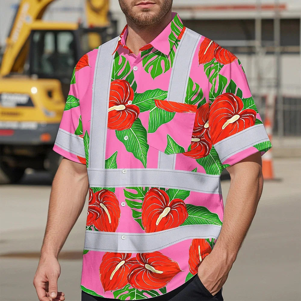 Hi Vis Hawaiian Shirt Reflective Tapes Pink Neon Red Anthurium Custom Name Safety Workwear For Workers, Truckers, Operators