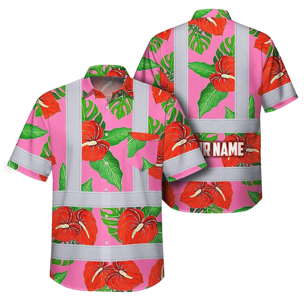 Hi Vis Hawaiian Shirt Reflective Tapes Pink Neon Red Anthurium Custom Name Safety Workwear For Workers, Truckers, Operators