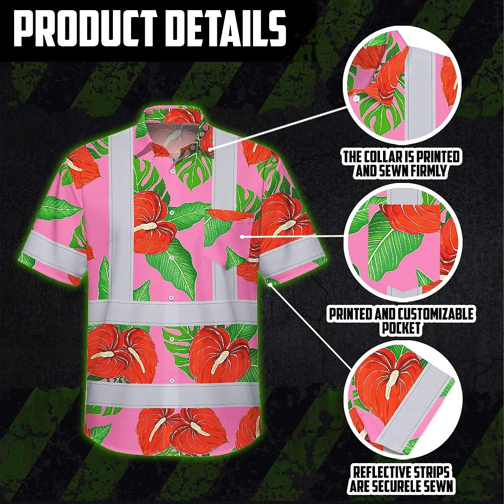 Hi Vis Hawaiian Shirt Reflective Tapes Pink Neon Red Anthurium Custom Name Safety Workwear For Workers, Truckers, Operators