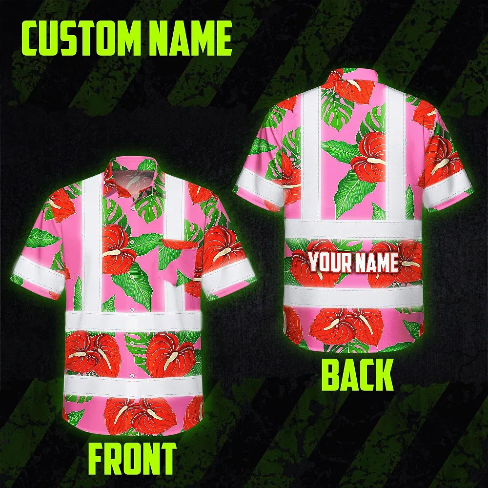 Hi Vis Hawaiian Shirt Reflective Tapes Pink Neon Red Anthurium Custom Name Safety Workwear For Workers, Truckers, Operators