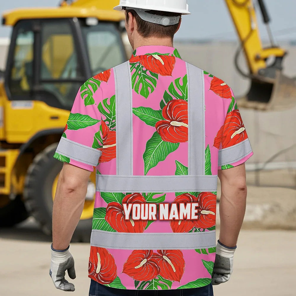 Hi Vis Hawaiian Shirt Reflective Tapes Pink Neon Red Anthurium Custom Name Safety Workwear For Workers, Truckers, Operators