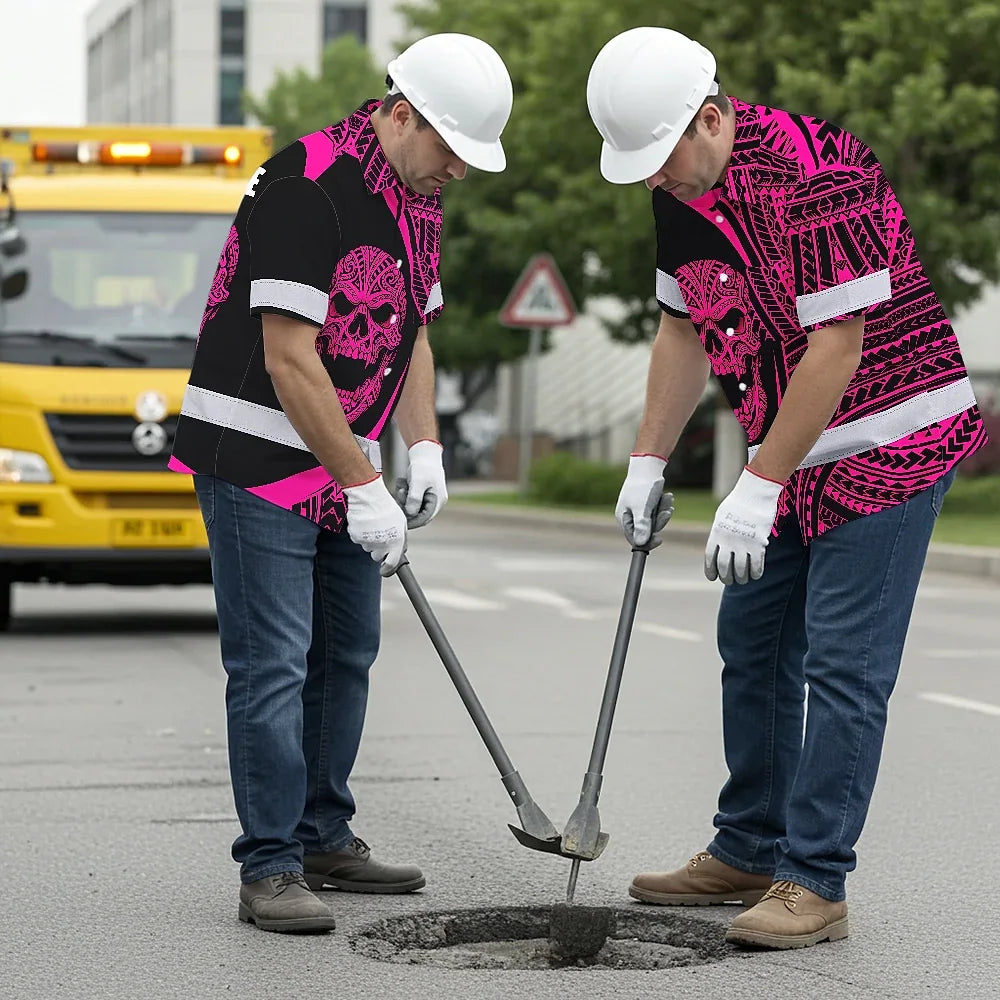 Hi Vis Hawaiian Shirt Reflective Tapes Pink Neon Skull Custom Name Safety Workwear For Workers, Truckers, Operators