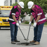 Hi Vis Hawaiian Shirt Reflective Tapes Pink Neon Skull Custom Name Safety Workwear For Workers, Truckers, Operators