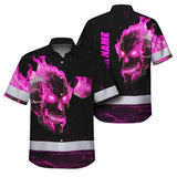 Hi Vis Hawaiian Shirt Reflective Tapes Pink Neon Skull Custom Name Safety Workwear For Workers, Truckers, Operators