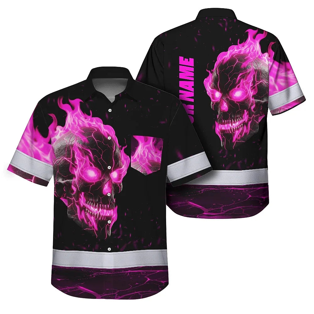 Hi Vis Hawaiian Shirt Reflective Tapes Pink Neon Skull Custom Name Safety Workwear For Workers, Truckers, Operators