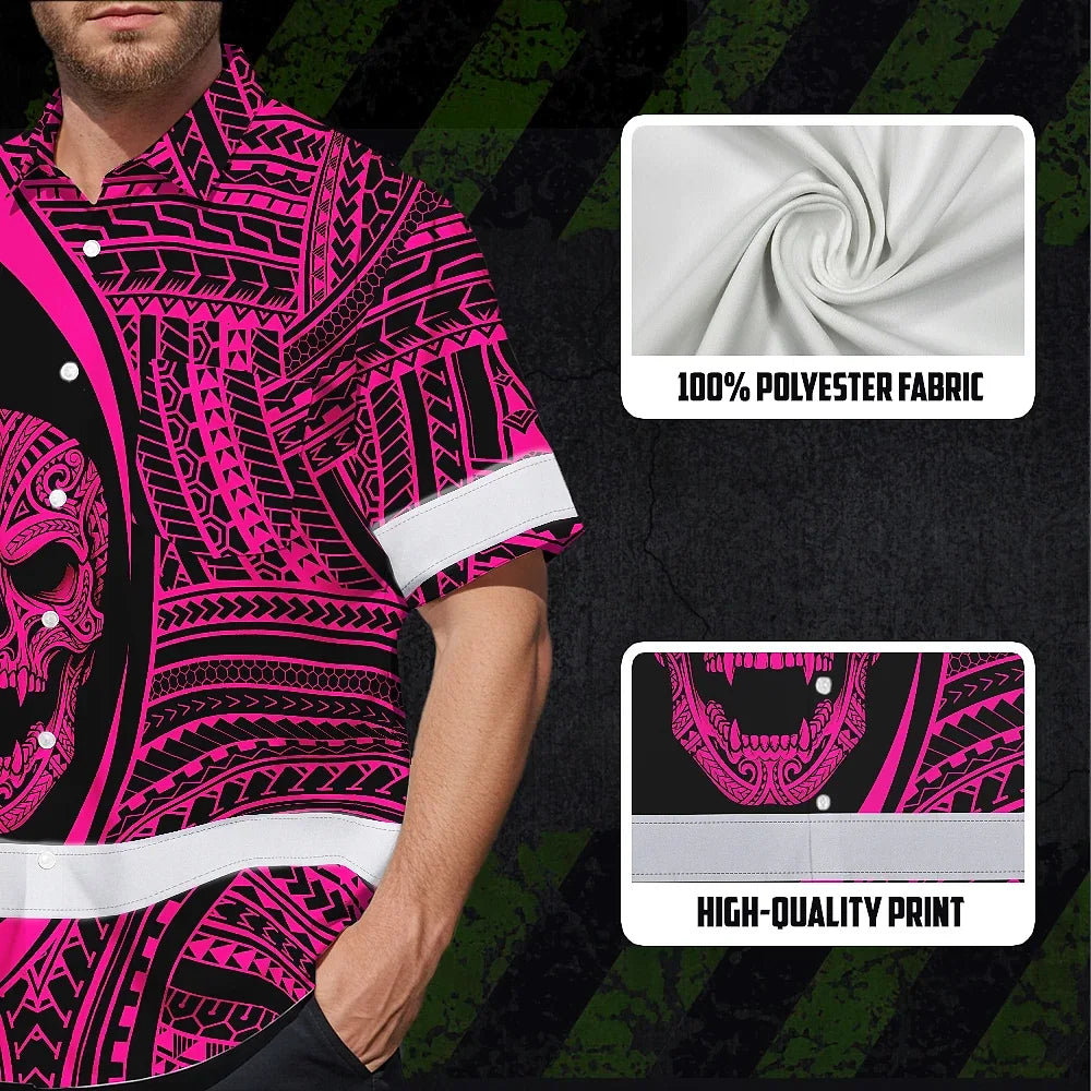 Hi Vis Hawaiian Shirt Reflective Tapes Pink Neon Skull Custom Name Safety Workwear For Workers, Truckers, Operators