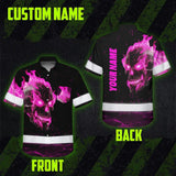Hi Vis Hawaiian Shirt Reflective Tapes Pink Neon Skull Custom Name Safety Workwear For Workers, Truckers, Operators