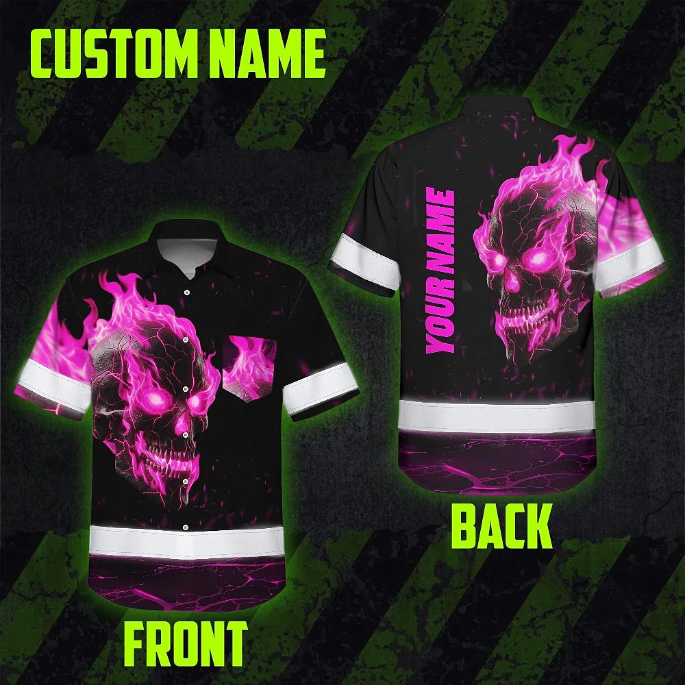 Hi Vis Hawaiian Shirt Reflective Tapes Pink Neon Skull Custom Name Safety Workwear For Workers, Truckers, Operators