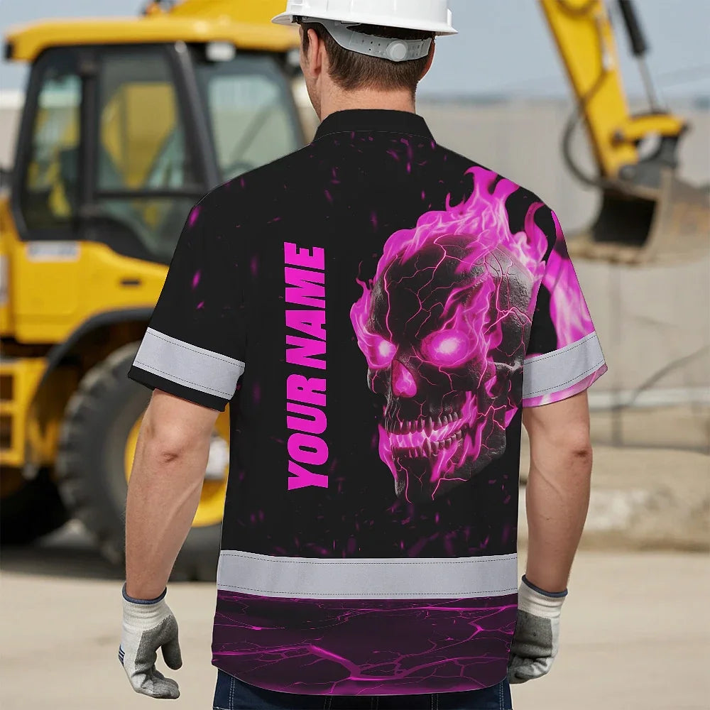 Hi Vis Hawaiian Shirt Reflective Tapes Pink Neon Skull Custom Name Safety Workwear For Workers, Truckers, Operators