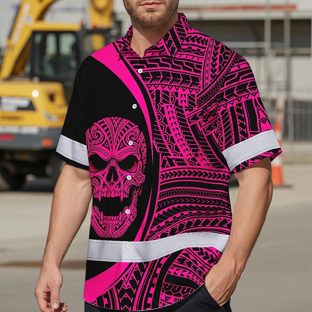 Hi Vis Hawaiian Shirt Reflective Tapes Pink Neon Skull Custom Name Safety Workwear For Workers, Truckers, Operators