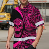 Hi Vis Hawaiian Shirt Reflective Tapes Pink Neon Skull Custom Name Safety Workwear For Workers, Truckers, Operators