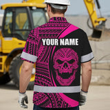 Hi Vis Hawaiian Shirt Reflective Tapes Pink Neon Skull Custom Name Safety Workwear For Workers, Truckers, Operators