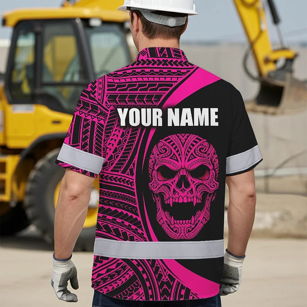 Hi Vis Hawaiian Shirt Reflective Tapes Pink Neon Skull Custom Name Safety Workwear For Workers, Truckers, Operators