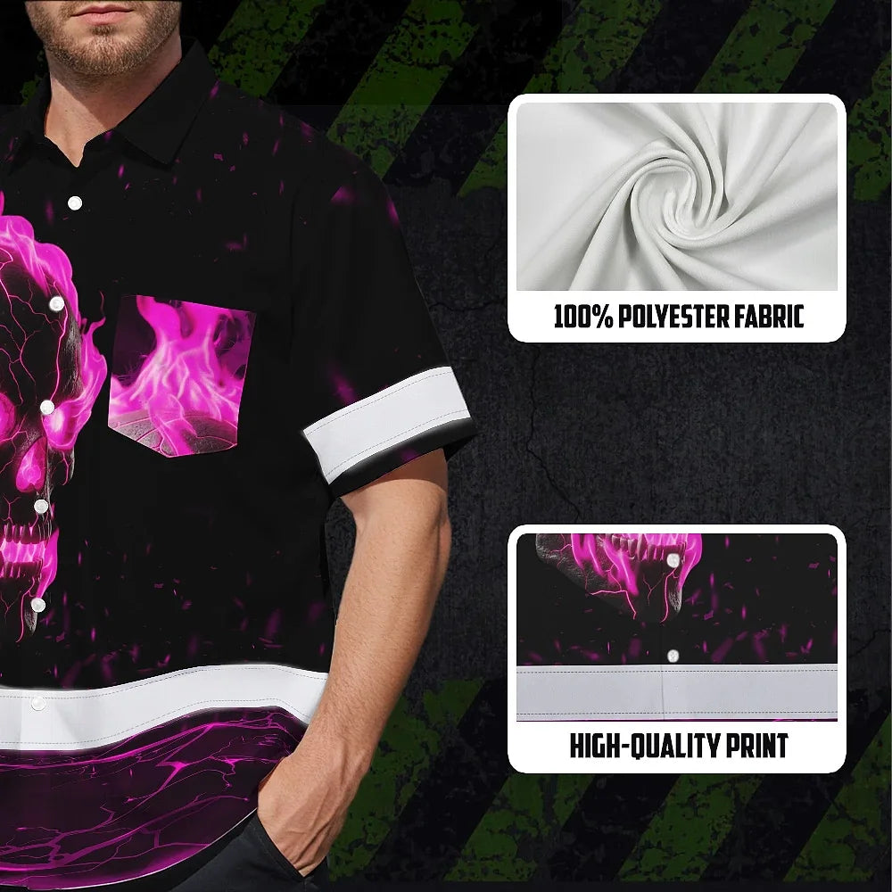 Hi Vis Hawaiian Shirt Reflective Tapes Pink Neon Skull Custom Name Safety Workwear For Workers, Truckers, Operators