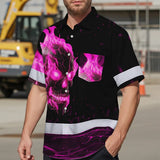 Hi Vis Hawaiian Shirt Reflective Tapes Pink Neon Skull Custom Name Safety Workwear For Workers, Truckers, Operators