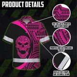 Hi Vis Hawaiian Shirt Reflective Tapes Pink Neon Skull Custom Name Safety Workwear For Workers, Truckers, Operators