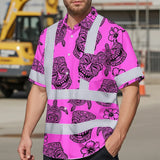 Hi Vis Hawaiian Shirt Reflective Tapes Pink Neon Tiki Custom Name Safety Workwear For Workers, Truckers, Operators