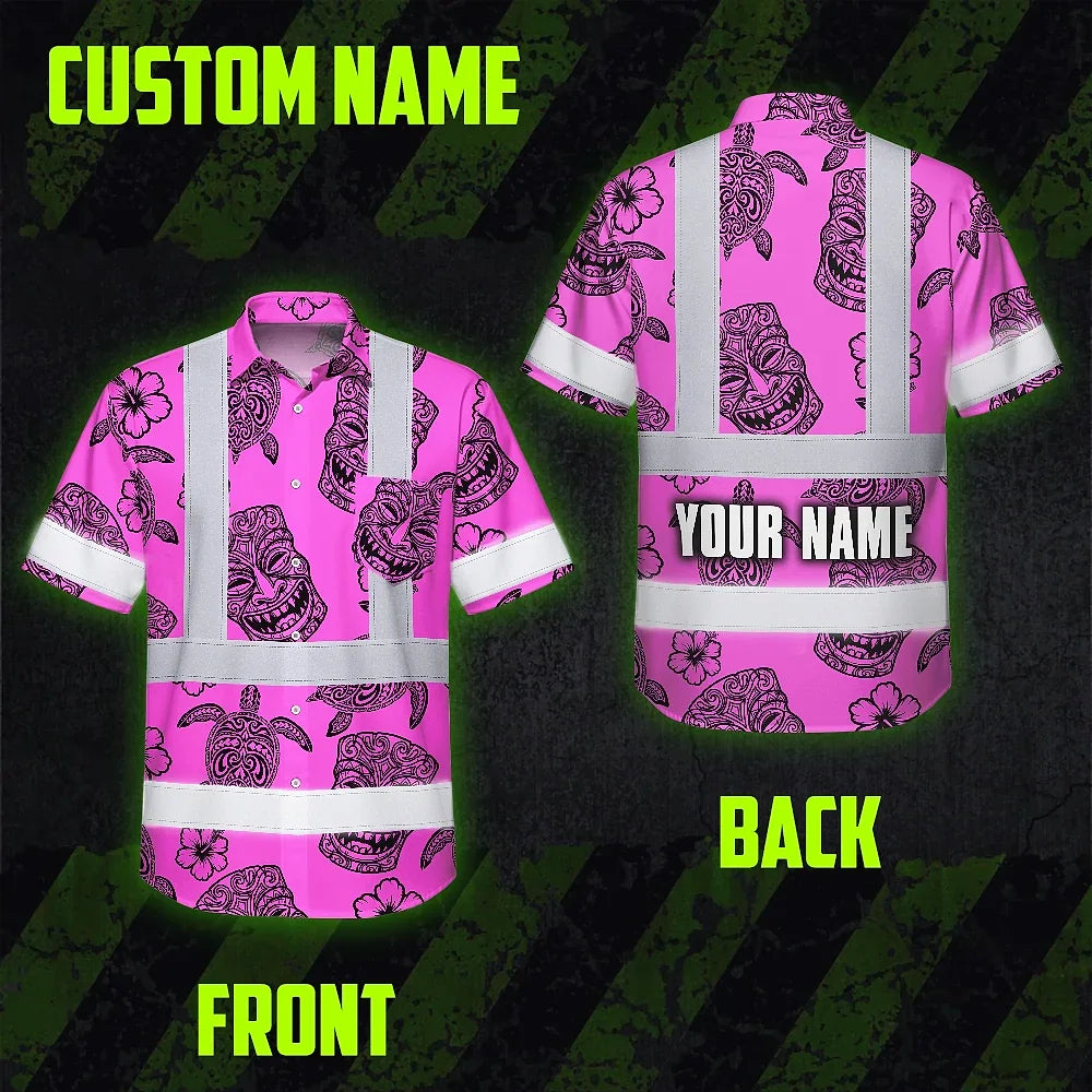 Hi Vis Hawaiian Shirt Reflective Tapes Pink Neon Tiki Custom Name Safety Workwear For Workers, Truckers, Operators