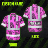 Hi Vis Hawaiian Shirt Reflective Tapes Pink Neon Tiki Custom Name Safety Workwear For Workers, Truckers, Operators