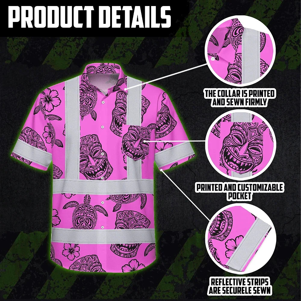 Hi Vis Hawaiian Shirt Reflective Tapes Pink Neon Tiki Custom Name Safety Workwear For Workers, Truckers, Operators