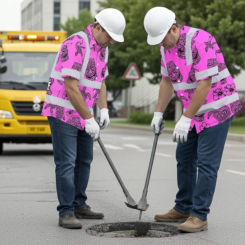 Hi Vis Hawaiian Shirt Reflective Tapes Pink Neon Tiki Custom Name Safety Workwear For Workers, Truckers, Operators