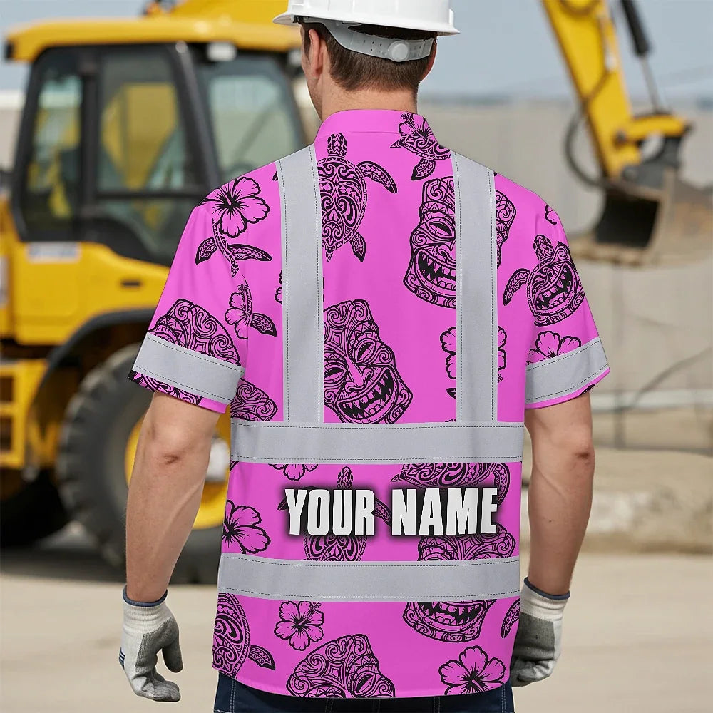 Hi Vis Hawaiian Shirt Reflective Tapes Pink Neon Tiki Custom Name Safety Workwear For Workers, Truckers, Operators