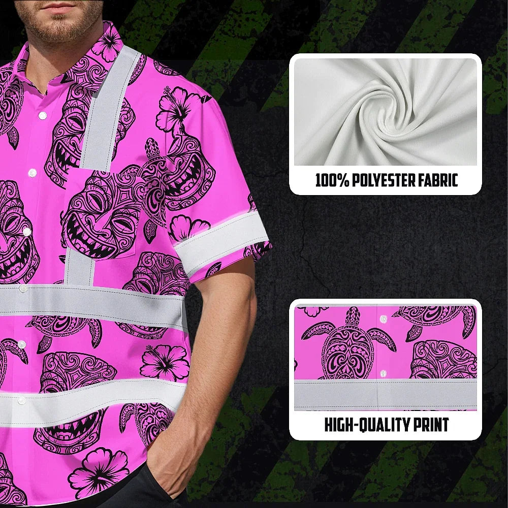 Hi Vis Hawaiian Shirt Reflective Tapes Pink Neon Tiki Custom Name Safety Workwear For Workers, Truckers, Operators
